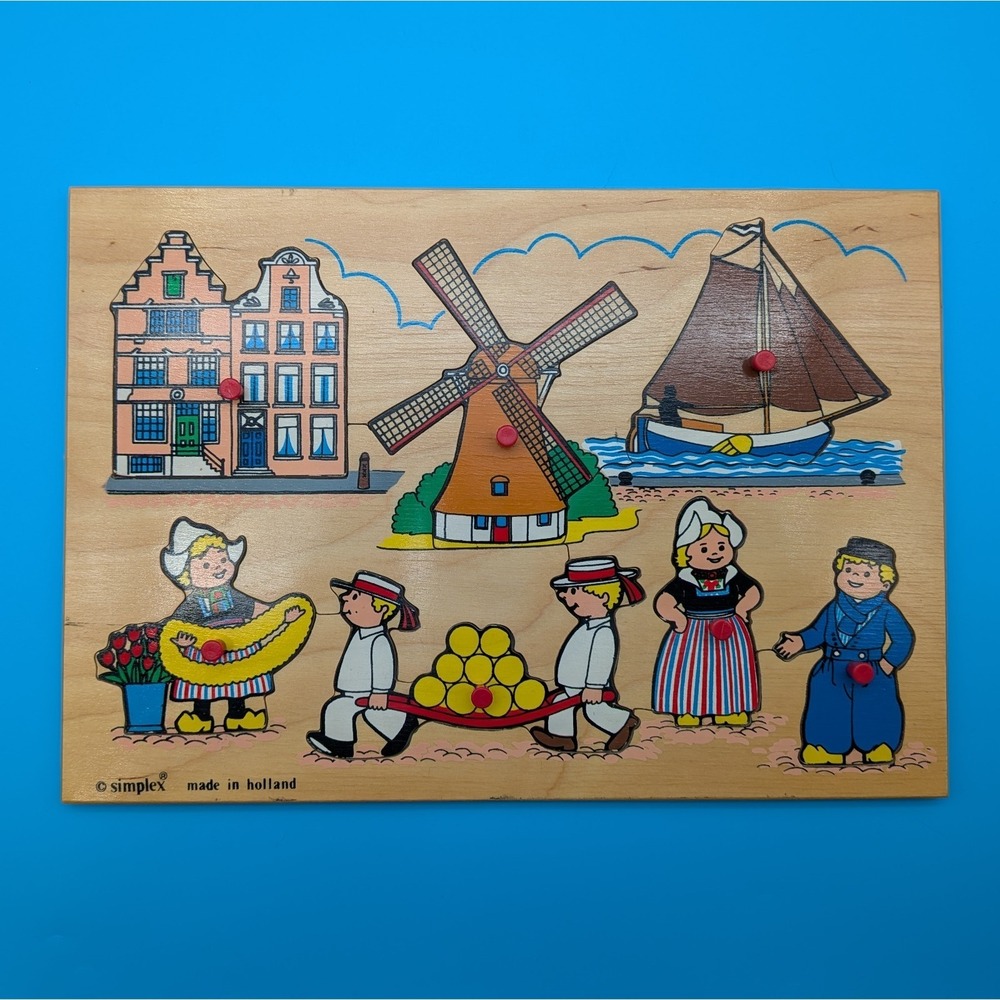 Vintage (1945-75) Simplex Wooden Peg Puzzle Traditional Dutch Scene